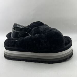 UGG Disco Knot Slide Platform Slippers Women Size 9 Black Lamb Fur Sherling Shoe